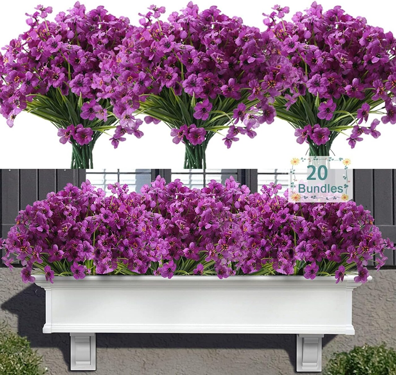 20 Bundles UV Resistant Artificial Flowers for Outdoor Decor - Realistic Faux Silk Purple Flowers with Plastic Greenery - Non-Fade Fake Plants for Window Box, Front Porch, and Hanging Planters